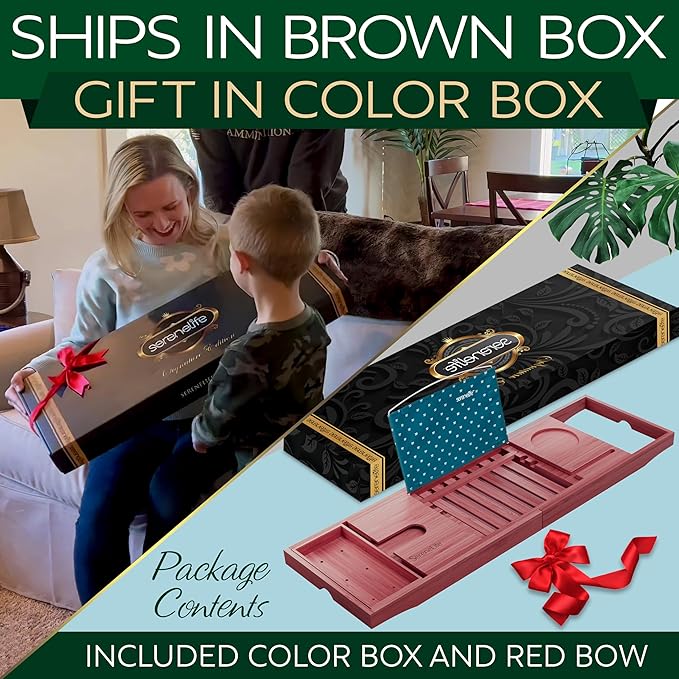 SereneLife Premium Bathtub Tray Caddy with Gift Box and Bow Set, Expandable Bath Tray, Unique House Warming Gifts for Mom, Women, Wedding, Anniversary, Bridal Shower, Fit for All Tub - Stain Brown - Bloomnest