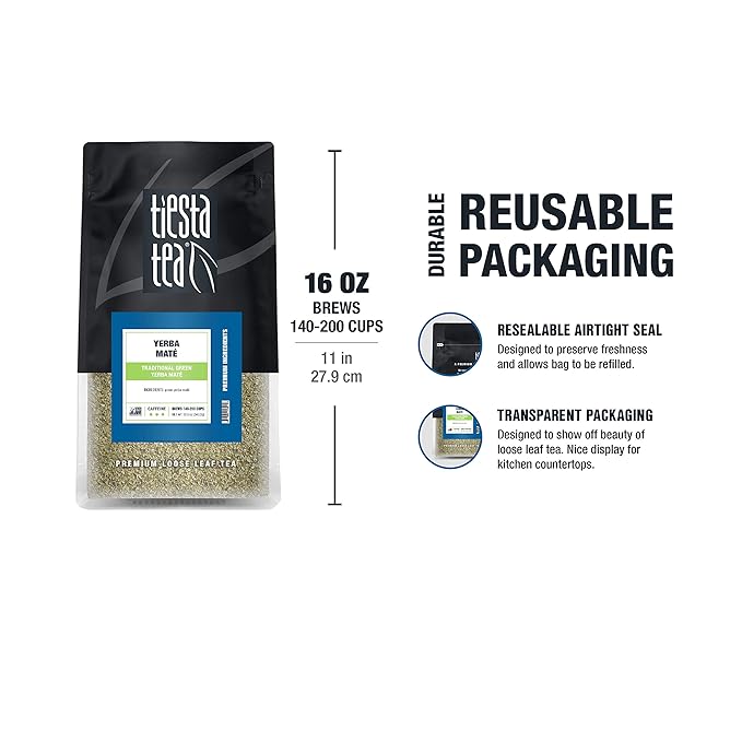 Tiesta Tea - Yerba Mate, Loose Leaf, Traditional Green Maté Tea, Premium High Caffeinated Blend, Make Hot or Iced, Brews Up to 200 Cups, Rich Flavors, 12oz Resealable Bulk Pouch - Bloomnest