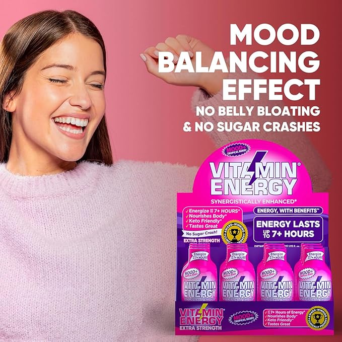 Vitamin Energy Mood+ Extra Strength Energy Shot Tropical Berry 48 Pack, 260mg Natural Caffeine, B-Vitamins, Rhodiola, Chamomile, Mood & Energy Support, Zero Sugar, Gluten-Free, Vegan, 1.93 fl oz - Bloomnest