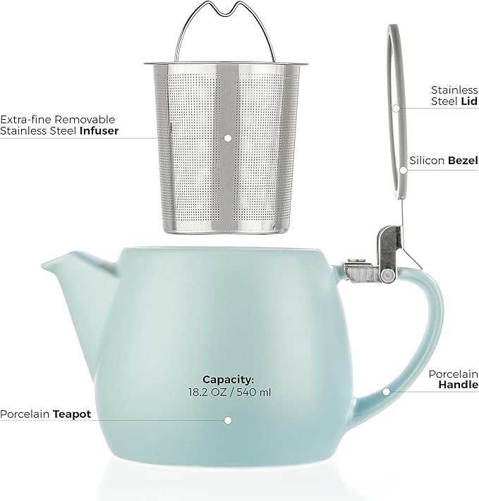 Tealyra - Pluto Porcelain Small Teapot Turquoise - 18.2-ounce (1-2 cups) - Matte Finish - Stainless Steel Lid and Extra-Fine Infuser To Brew Loose Leaf Tea - 540ml - Bloomnest