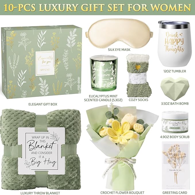 Valentine's Day Birthday Gifts for Women Self Care Package Get Well Soon Gift Baskets, Thinking of You Sympathy Spa Gift Set w/ Crochet Flower Bouquet, Unique Gifts for Women Her Wife Girlfriend Mom