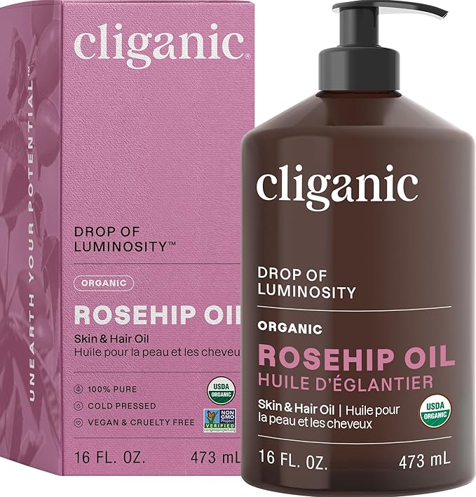 Cliganic Organic Rosehip Seed Oil 16oz with Pump for Face, Hair & Body, 100% Pure (Packaging May Vary) - Bloomnest