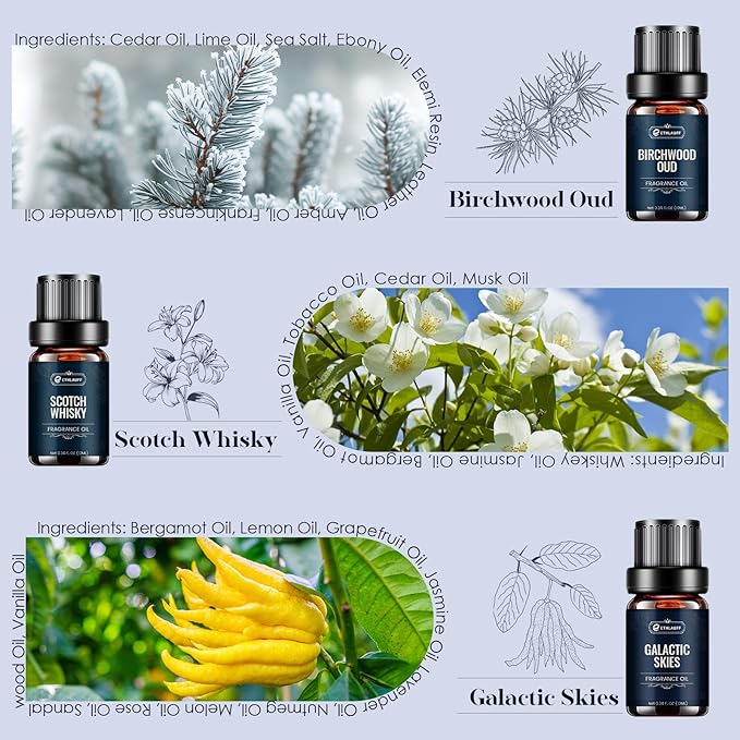 Men Essential Oils Set - TOP 6 Gentlemen's Fragrance Oil for Diffuser, Candle & Soap Making - Tobacco and Bay Leaf, Kentucky Bourbon, Galactic Skies, Scotch Whisky, Birchwood Oud - Bloomnest