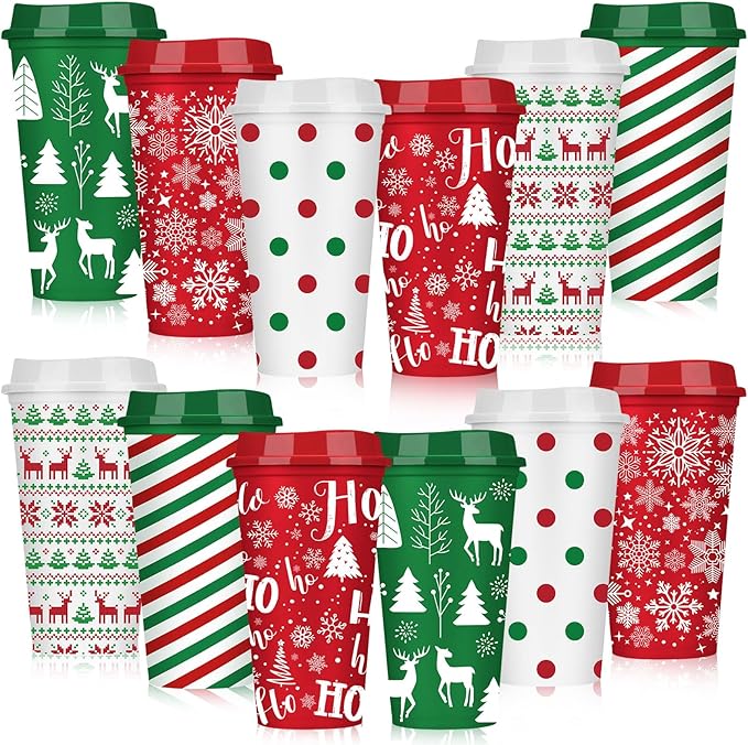 Pickmesh 12 Pcs Christmas Coffee Cups Gifts Bulk 16 oz Reusable Christmas Tree Snowflake Elk Pattern Tumblers with Lid Plastic Travel Coffee Mug for Women Coworkers Holiday Drinks - Bloomnest