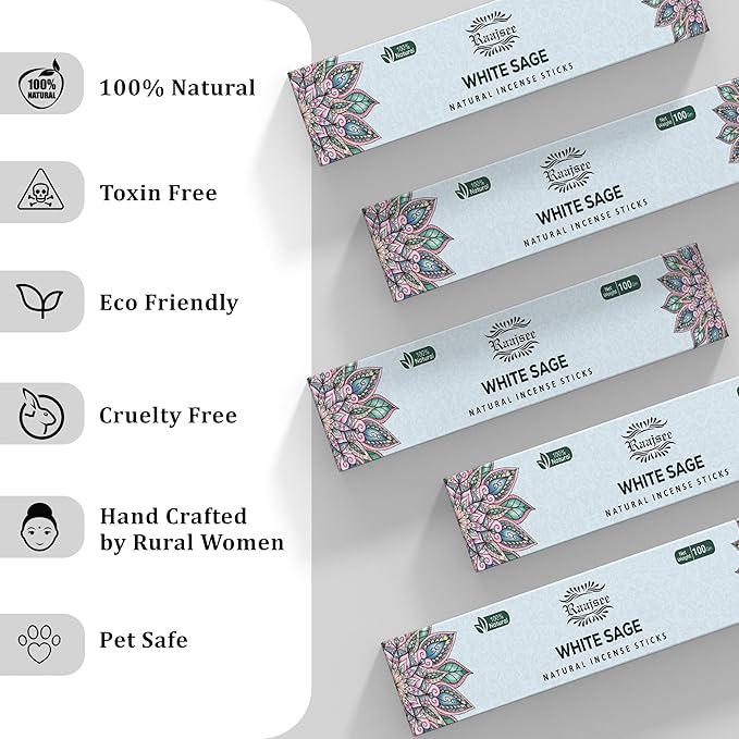 Raajsee White Sage Incense Sticks (180 gm), 100% Pure Organic Natural Hand Rolled Free from Chemicals - Perfect for Aromatherapy, Cleansing, Meditation, and Church (Pack of 12) - Bloomnest