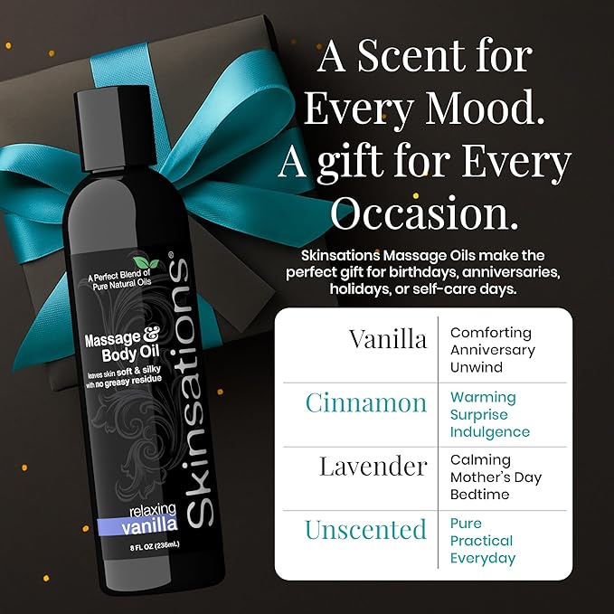 Skinsations - Vanilla Massage Oil for Massage Therapy - 8oz | Body Oil for Relaxation, Sore Muscles & Aromatherapy | Sweet Almond, Coconut, Jojoba & Grapeseed Blend - Bloomnest