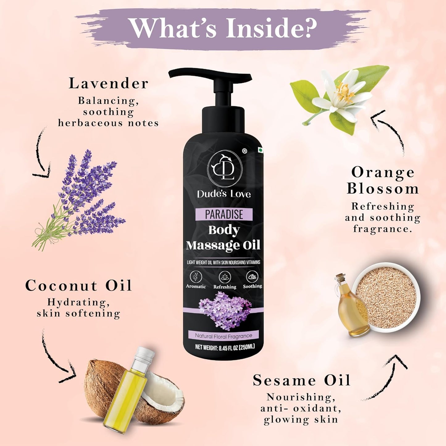 Organic - Lavender Floral Edible Full Body Massage Oil - Relaxing, Calming | No Stain & Non-Sticky |with Fractionated Coconut Oil, Orange Blossom & Lavender Oil - 8.45 Fl Oz
