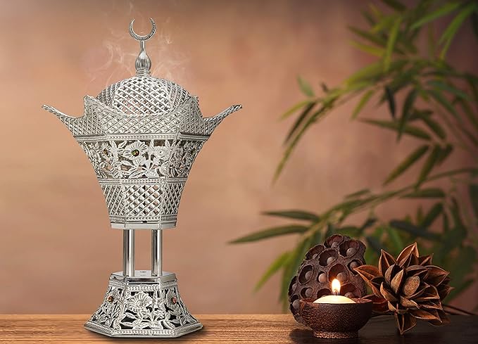 AM Bakhoor Charcoal Incense Burner – Luxury Gold Frankincense Resin Burner for Oud, Bakhoor, Incense Sticks & Cones – Decorative Metal Holder with Removable Lid & Safe Flame Control (Silver) - Bloomnest
