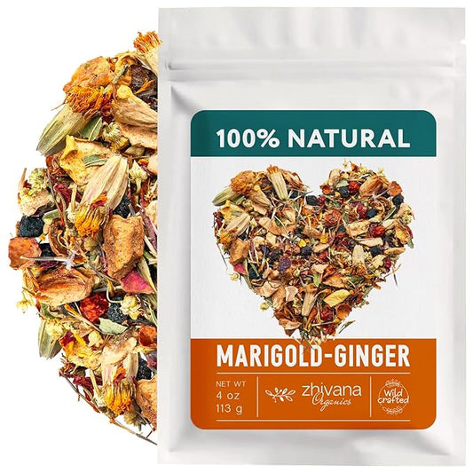 Premium Ginger Loose Leaf Tea with Marigold, Chamomile, Elderflower - Caffeine Free Herbal Tea with Real Herbs & Fruit – Te de Jengibre – 4oz. - Bloomnest