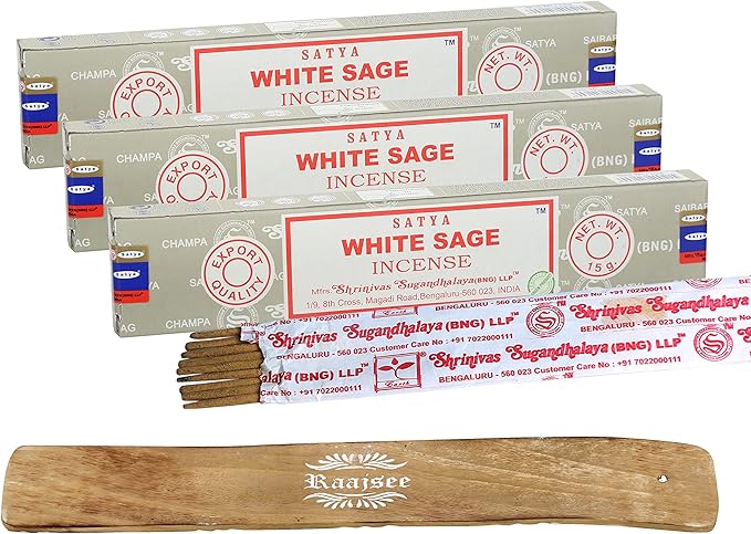 Satya Nagchampa White Sage Incense Sticks, Satya Bng (Bangalore) Insenses 15gmx3 Pack (45 GMS) with Raajsee Incense Holder Bundle, Satya Nagchampa Natural Incense - Bloomnest