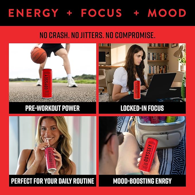 Odyssey Functional Energy Drink for Focus, Cognition & Mood Support 12 Pack - Adaptogenic Drink with 85mg Green Tea Caffeine, Lion’s Mane, Cordyceps, L-Theanine & Ginseng, Passion Fruit Orange Guava - Bloomnest