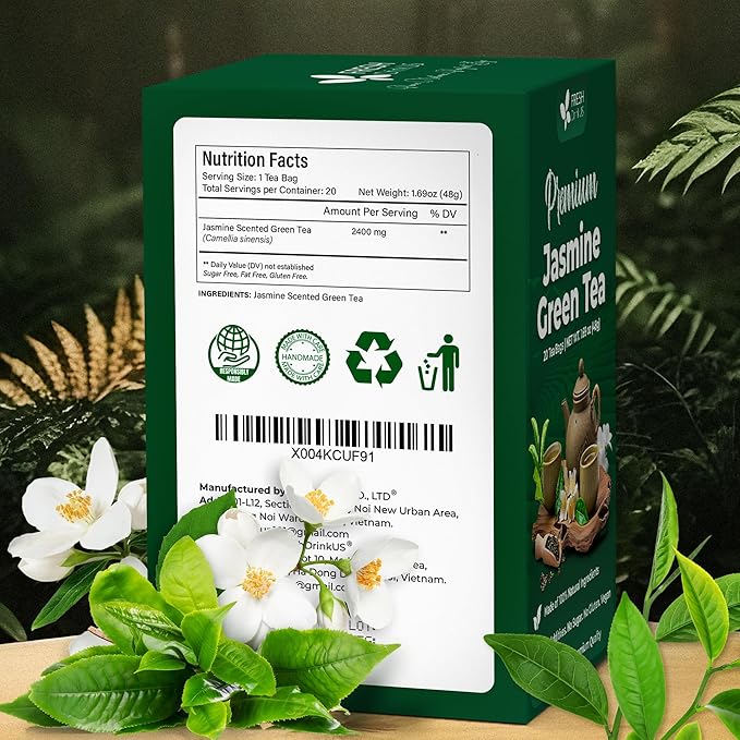 FreshDrinkUS, Premium 20 Tea Bags of Jasmine Green Tea, 100% Natural. Exquisite Flavor, Handpicked Leaves, Perfect for Tea Lovers. No Sugar, No Gluten, Vegan. - Bloomnest