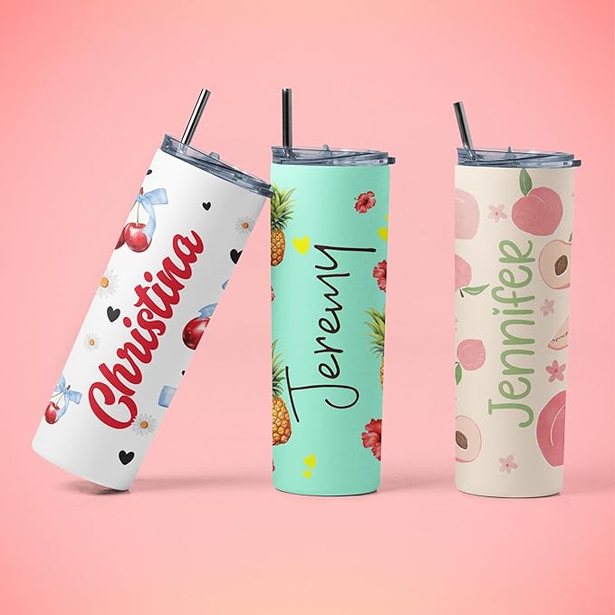 Personalized 20 Oz Skinny Tumbler - Custom Name Skinny Tumbler with Summer Design, BPA-Free Stainless Steel, 6 Designs - Customized Summer Gift - Bloomnest