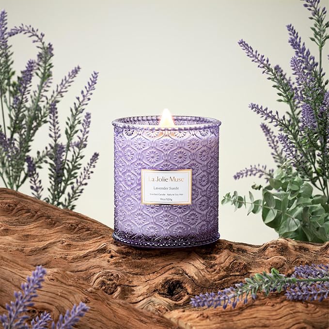 LA JOLIE MUSE Lavender Suede Candle – Eucalyptus, Lavender & Sandalwood 19 oz Large Wooden Wick Candle | Natural Soy Wax | 90 Hours Clean Burn | Aromatherapy Candle for Relaxation - Bloomnest