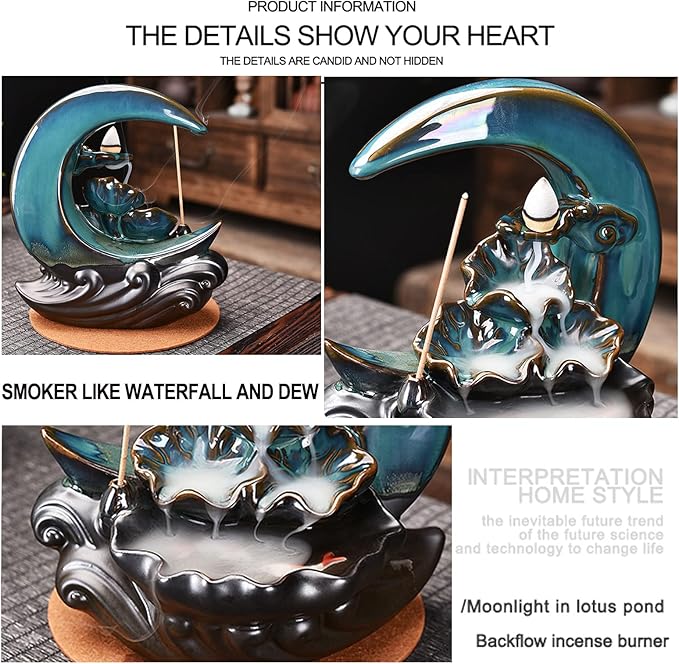 New Moon Backflow Incense Holder, Ceramic Hand-Made Incense Fountain Burner with 100 Backflow Incense Cones，Fragrance Incense Stick，Mat，Aromatherapy Home Decoration - Bloomnest
