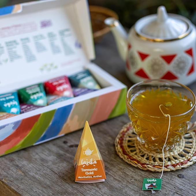 Lazika Tea Variety Pack with Lovely Presentation Box, Black, Green and Herbal Tea Sampler Gift Set, 20 Counts, Premium Collection with Pyramid Infuser Bag, Handcrafted - Bloomnest