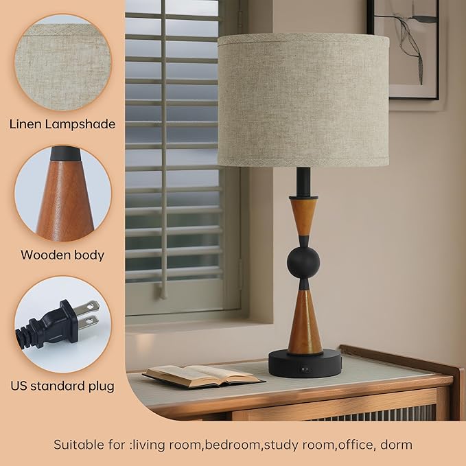 23'' Modern Table Lamps Set of 2 - Farmhouse Bedside Lamps for Bedroom with USB A+C, Wooden Lamps for Night Stands, Lamp for Living Room End Tables - Bloomnest