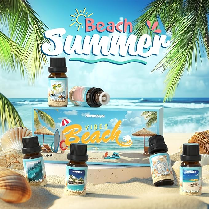 Beach Fragrance Oils Set, ARVIDSSON Summer Essential Oils for Diffuser - Beachy Breeze, Ocean Air, Pina Colada, Pink Sand, Sea Salt, Island Time, Tropical Scented Oil - Bloomnest