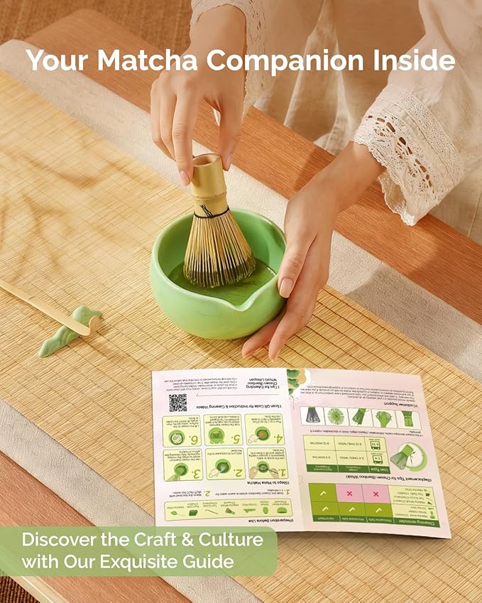 Maestri House Matcha Whisk Set, 7-Pc Complete Matcha Kit with Spouted Ceramic Bowl, Bamboo Whisk and Holder, Scoop, Spoon Rest & Sifter, Tea Cloth – Ideal Gift for Matcha Lovers (Green) - Bloomnest