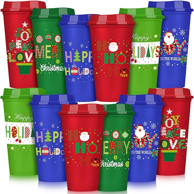 Pickmesh 12 Pack Christmas Reusable Coffee Cups Gift for Women 16 oz Coffee Cup Tumblers with Lid Plastic Cups Travel Mug Thank You Gifts for Hot and Cold Drinks(Novelty) - Bloomnest