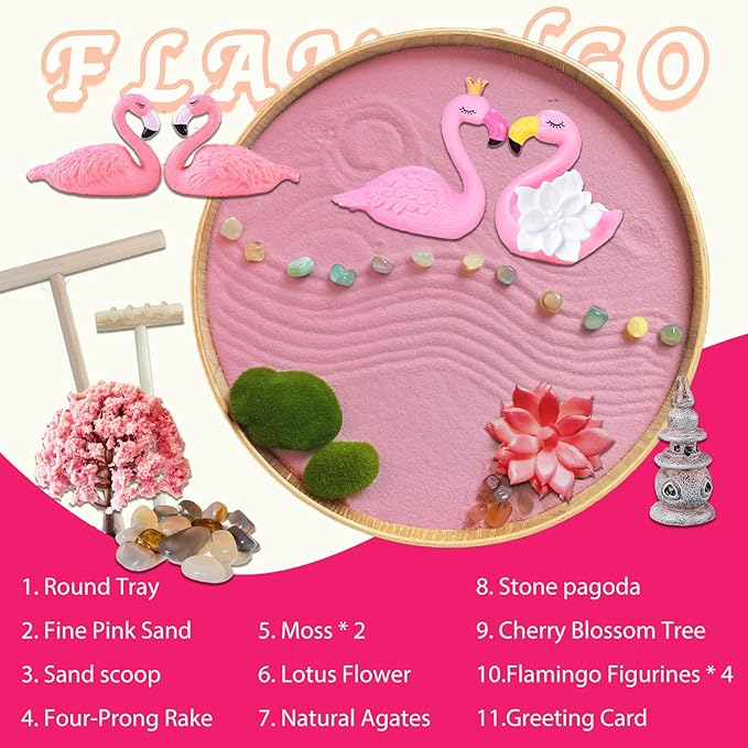 Flamingo Zen Garden for Desk - Pink Flamingo Decor, Sand Tray Therapy Kit for Desk and Office, Cute Japanese Décor Gift for Women, Mini Zen Garden for Relaxation and Stress Relief - Bloomnest