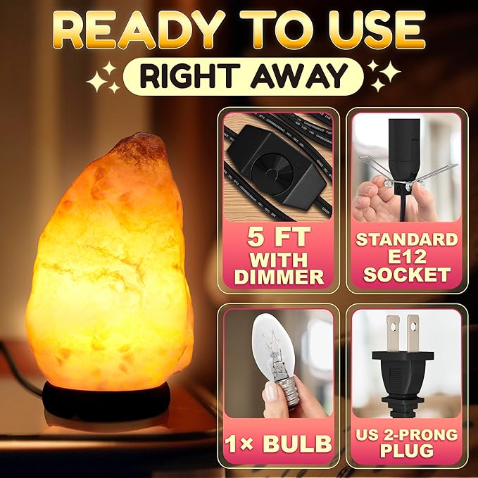 Himalayan Salt Rock Lamp with Dimmer – Hand-Carved Himalayan Salt Lamp 5.5–7 Inch (3-5.5 Lbs) with Wooden Base, Cord & Bulb – Adjustable Warm Amber Glow for Bedroom, Living Room, or Meditation Space