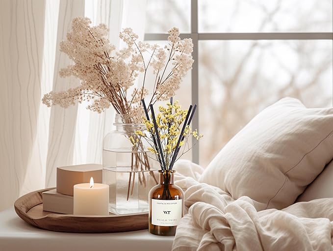 WEALD TRIBE Reed Diffuser Set for Bathroom Air Fresheners, Oil Diffuser Sticks with Flower | Lemongrass Scent 4.0 fl oz Home Fragrance with Sticks Defusers | House Bedroom Office Shelf Decor - Bloomnest