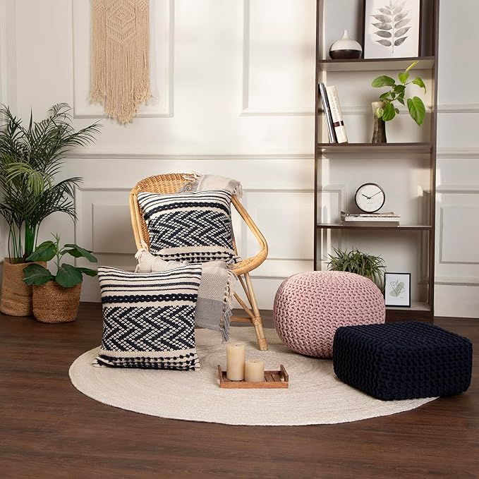 REDEARTH Round Pouf Ottoman - Hand Knitted Boho Poof Home Décor Pouffe Circular Footrest for Living Room - Bedroom - Lounge - 100% Cotton (19.5"x19.5"x14") - Pale Pink - Bloomnest
