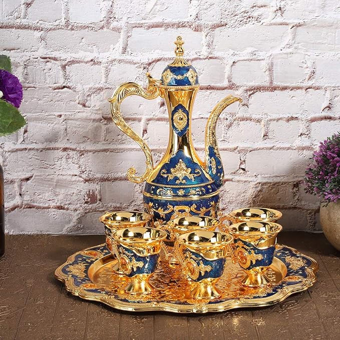 Alvinlite Small Vintage Turkish Coffee Pot Set, Turkish Tea Set with 6 Coffee Cups, Golden Wine Decanter and Glasses Set, Turkish Copper Coffee Cup Set for Home Tea Party 40ml/Cup(Blue) - Bloomnest