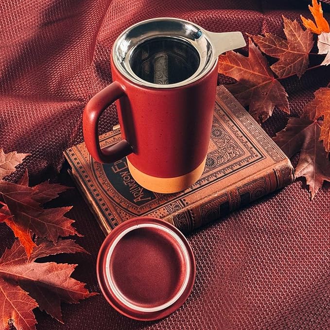 Mora Ceramics Large Tea Mug with Loose Leaf Infuser and Ceramic Lid, 18 oz, Portable, Microwave and Dishwasher Safe, Tall Coffee Cup - Rustic Matte Ceramic Glaze, Modern Herbal Tea Strainer, Merlot - Bloomnest
