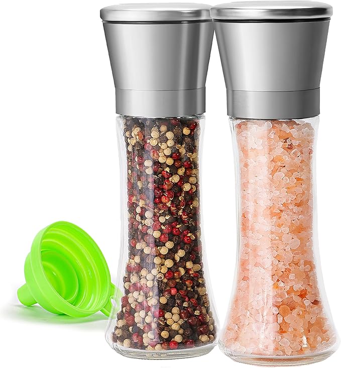 Premium Stainless Steel Sea Salt and Pepper Grinder Set of 2 - Adjustable Ceramic - Tall Glass Salt and Pepper Shakers - Pepper Mill & Salt Mill W/Funnel (2.6"W x 7.5"H) - Bloomnest