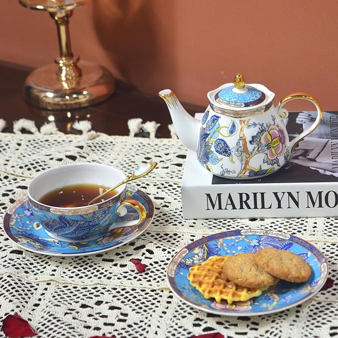 ACMLIFE Tea for One Teapot and Cup, Vintage Floral Porcelain Tea Set for One, Bone China Teapot with Cup Set, Tea Pot Gift for Women (Blue-A) - Bloomnest