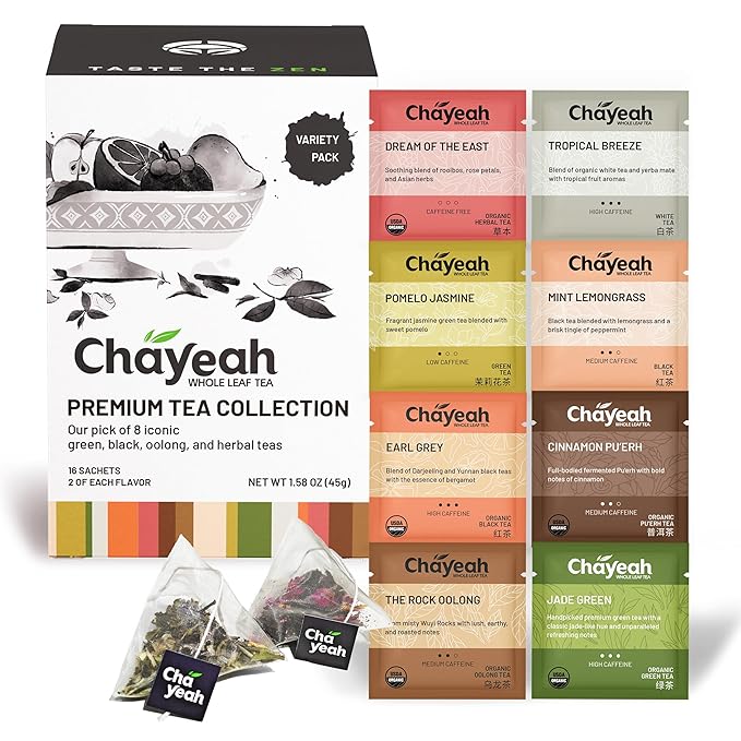 CHAYEAH, Premium Tea Collection (16 Pyramid Tea Sachets, 8 Assorted Flavors), Green, Black, Oolong, Pu’erh & Herbal Tea Sampler Variety Pack, Caffeinated and Non-Caffeinated, Whole Leaf Tea Bag - Bloomnest