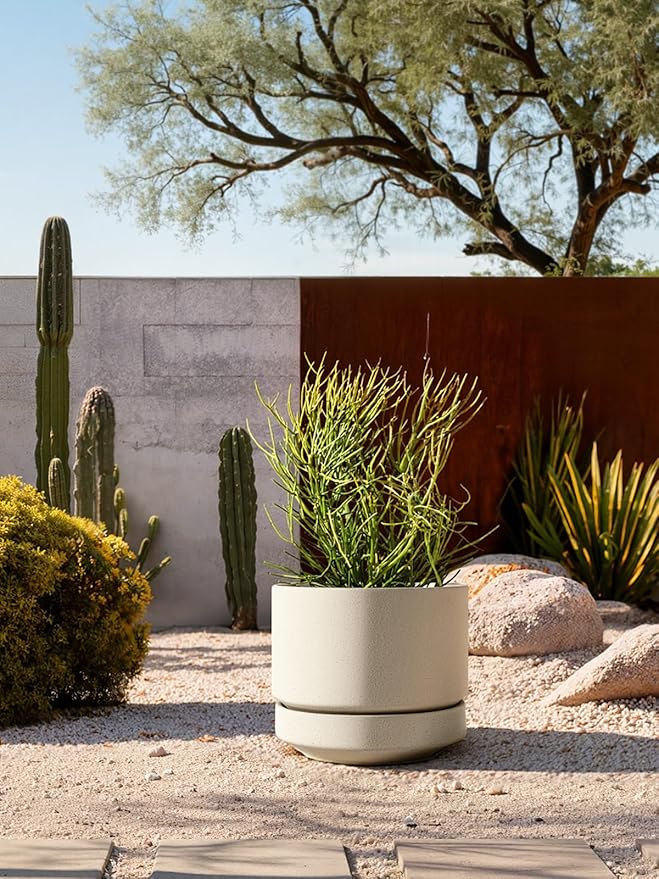 LE TAUCI Large 14 Inch Plant Pot with Saucer | Ceramic Outdoor & Indoor Big Planter Pot | Drainage Hole, Mesh Pad & Plug | Unglazed Porous | Modern Minimalist for Home and Patio – Speckled Oat - Bloomnest