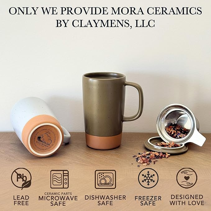 Mora Ceramics Large Tea Mug with Loose Leaf Infuser and Ceramic Lid, 18 oz, Portable, Microwave and Dishwasher Safe, Tall Coffee Cup - Rustic Matte Ceramic Glaze, Modern Herbal Tea Strainer, Olive - Bloomnest