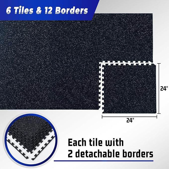 SUPERJARE 0.56'' Thick 6 Pcs 24 Sq Ft Rubber Top Exercise Equipment Mats, High Density EVA Foam Mats with Rubber Top, Interlocking Gym Flooring for Home Gym, Protective Workout Mat, Black/Grey - Bloomnest