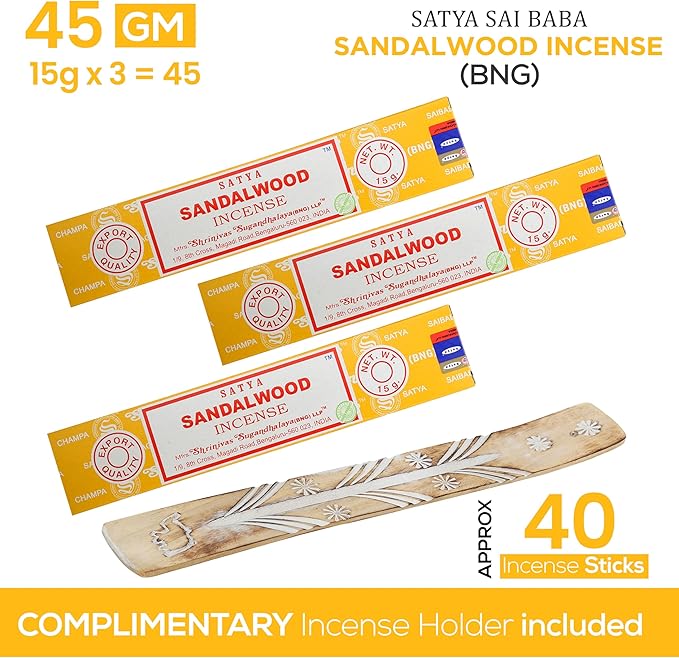 Satya Nagchampa Sandalwood Incense Sticks, Satya Bng (Bangalore) Insenses 15gmx3 Pack (45 GMS) with Raajsee Incense Holder Bundle, Satya Nagchampa Natural Incense - Bloomnest