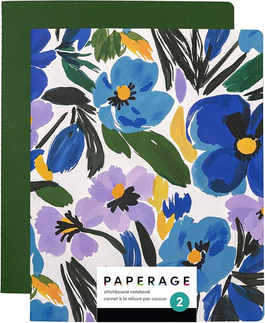 PAPERAGE Soft Cover Lined Journal Notebook, 2 Pack, (Blue Pansies), 100 Pages, Large 7.5 inches x 9.5 inches, College Ruled, Ideal for Note Taking & Travel Journal - Bloomnest