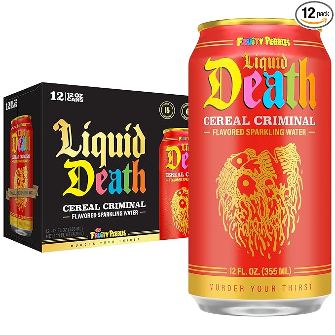 Liquid Death Soda-Flavored Sparkling Water - Cereal Criminal (Fruity Pebbles, Cream), Less Sugar*, Huge Flavor, No Caffeine, No Artificial Sweeteners, 12 Fl Oz (Pack of 12) - Bloomnest