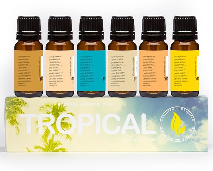 Eternal Essence Oils Tropical Set of 6 Premium Fragrance Oils - Includes Coconut Cream, Bay Rum, Pina Colada, Tahitian Vanilla, Ocean Breeze, and Pineapple Scented Oils - 10ML - Bloomnest
