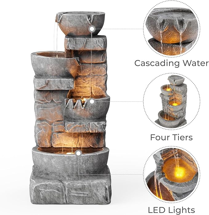 Teamson Home 33.25 in. Cascading Bowls and Stacked Stones LED Outdoor Water Fountain for Gardens, Landscaping, Patios, Balconies, and Lawns for a Calming Oasis in Outdoor Living Spaces, Stone Gray - Bloomnest