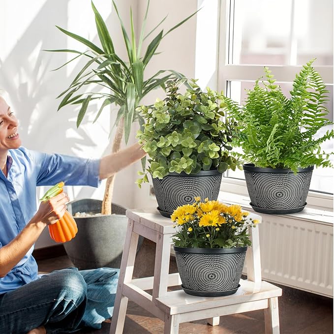 Quarut 10 Inch Flower Pots for Outdoor Indoor, 3 Pack Plastic Plant Pots with Drainage Hole & Tray, Modern Decorative Garden Pot with Saucer, planters for House (Black Copper) - Bloomnest