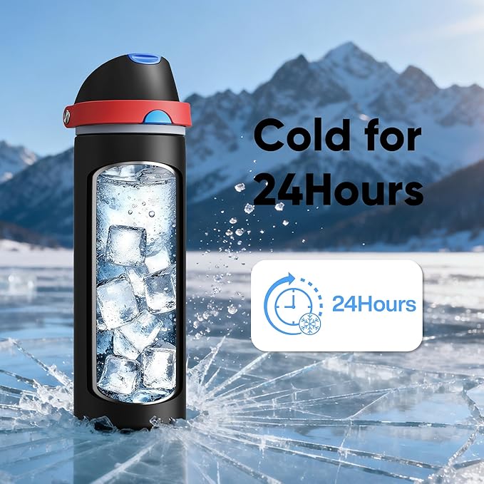 Insulated Water Bottle with Straw - Encool Stainless Steel Water Bottle with Push Button Lid, Leak-Proof & BPA-Free, Keeps Cold for 24 Hours for Sports, Travel, Gym (24 oz, Oil Black) ENCOOL