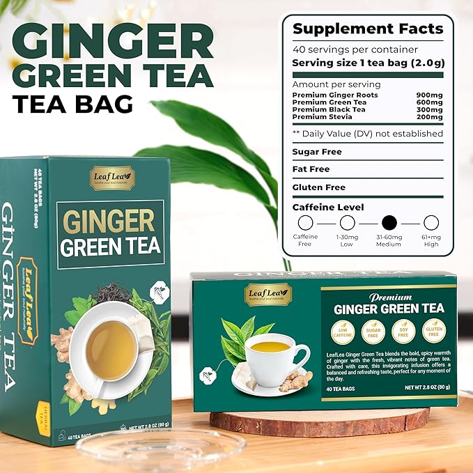 LeafLea Green Tea with Ginger, 80 Tea Bags (2 Packs), Natural Green Tea with Ginger Root, Lightly Sweetened with Stevia, Supports Digestion and Immunity, Low Caffeine, Non-GMO, Gluten-Free - Bloomnest