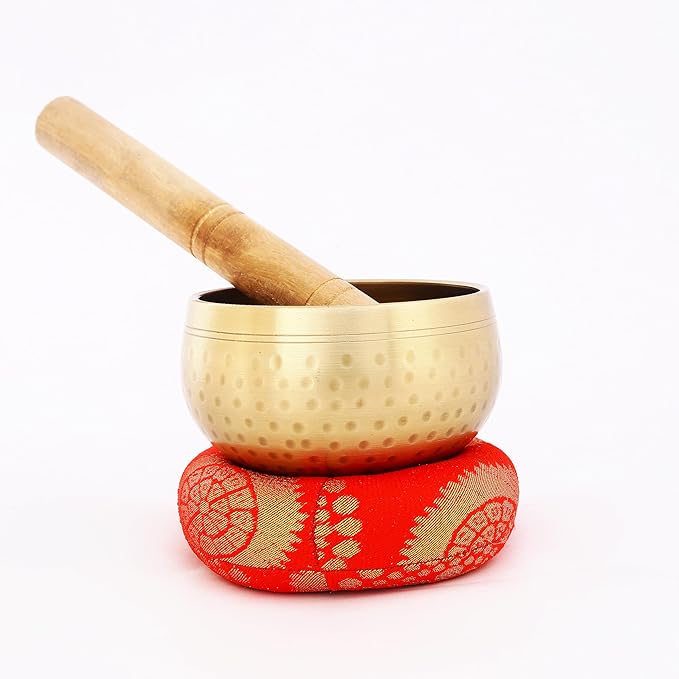 Indian Consigners Tibetan Singing Bowl Set – 3.5-Inch Medium Brass Meditation Sound Bowl with Wooden Mallet & Silk Cushion – Handmade in Nepal for Yoga, Mindfulness & Chakra Healing VisitIndianConsigners