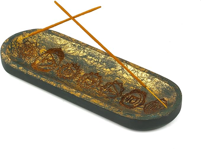 Hand Carved Incense Holder-Incense Burner/Ash Catcher/Handmade Wooden Insence Tray – Modern Gift Home/Room/Seven Chakra Blue Gold Kitchen Décor Size 11x4x1.5 Inches - Bloomnest