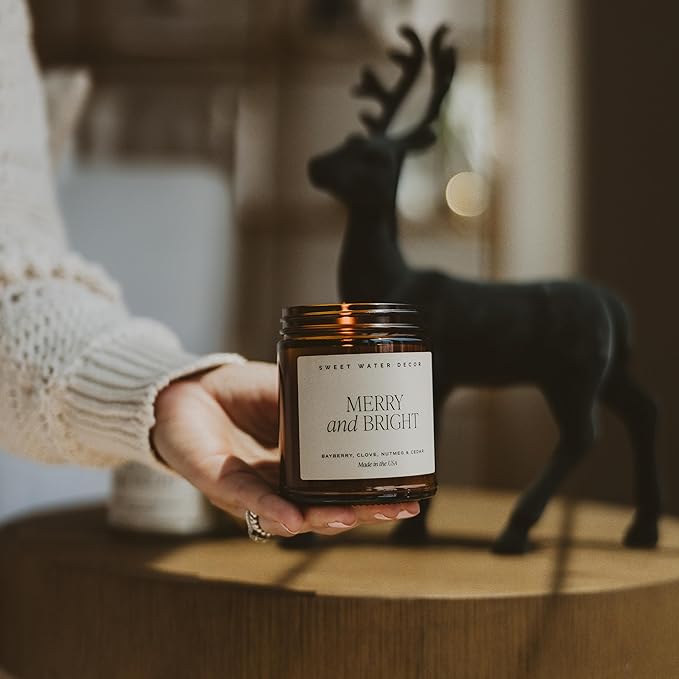 Sweet Water Decor Merry and Bright Candle - Bayberry, Fir, Nutmeg, and Clove Winter Non Toxic Christmas Scented Soy Candles for Home - 9oz Amber Jar, 40 Hour Burn Time, Made in The USA - Bloomnest
