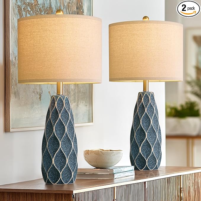 27.5" Ceramic Table Lamps for Living Room Bedroom Lamps Set of 2 Modern Boho Bedside Lamps Night Stands Farmhouse Vintage Large Nightstand Lamp Reading Light Home Office Dorm Desk Deco Gifts, Blue - Bloomnest