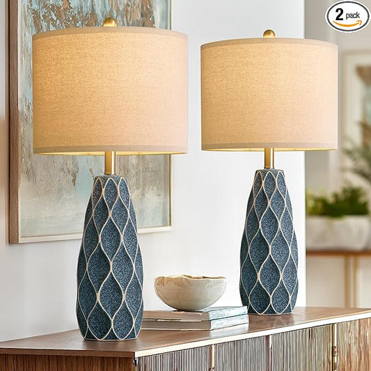 27.5" Ceramic Table Lamps for Living Room Bedroom Lamps Set of 2 Modern Boho Bedside Lamps Night Stands Farmhouse Vintage Large Nightstand Lamp Reading Light Home Office Dorm Desk Deco Gifts, Blue - Bloomnest