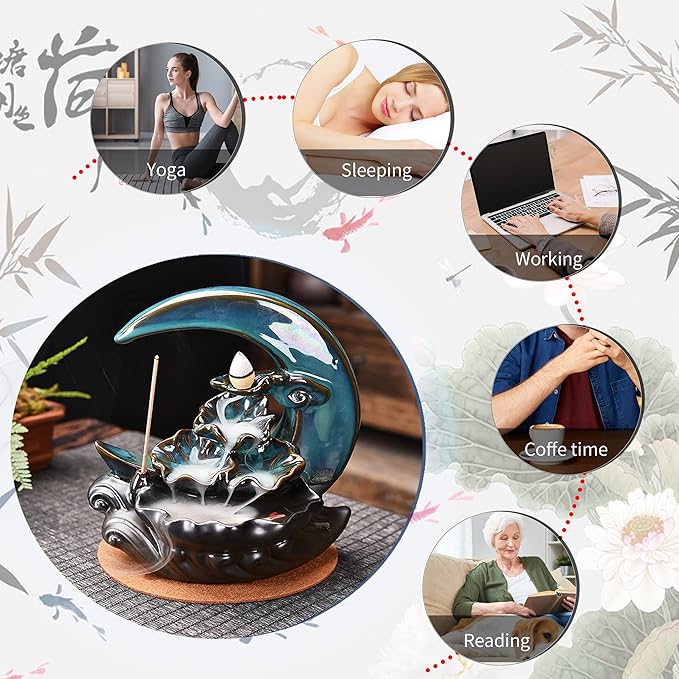 New Moon Backflow Incense Holder, Ceramic Hand-Made Incense Fountain Burner with 100 Backflow Incense Cones，Fragrance Incense Stick，Mat，Aromatherapy Home Decoration - Bloomnest